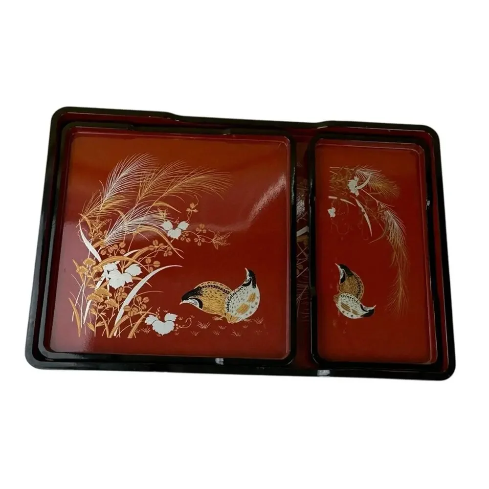 Vintage 3 Pc Japanese Lacquerware Trays with Bird Design Nesting Red Black